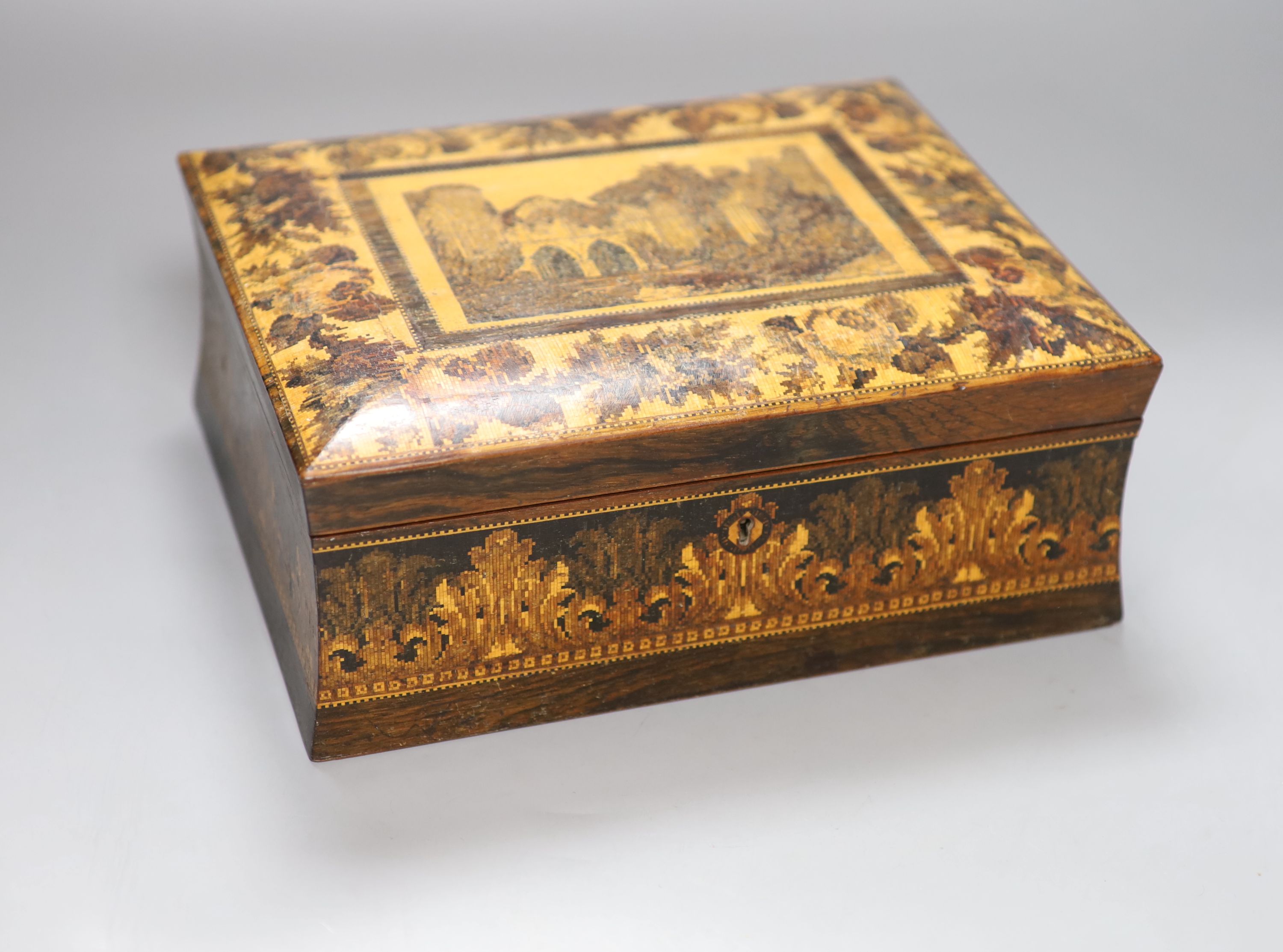 A Tunbridge ware 'Bayham Abbey' rosewood and tesserae mosaic sewing box, probably Hollamby, 2nd half 19th century, 26.5cm